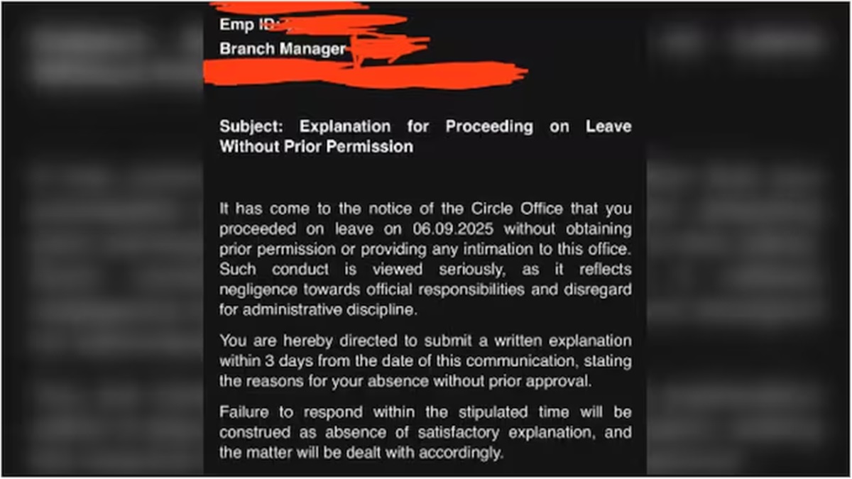Government bank employee gets warning mail from HR after taking one sick leave
