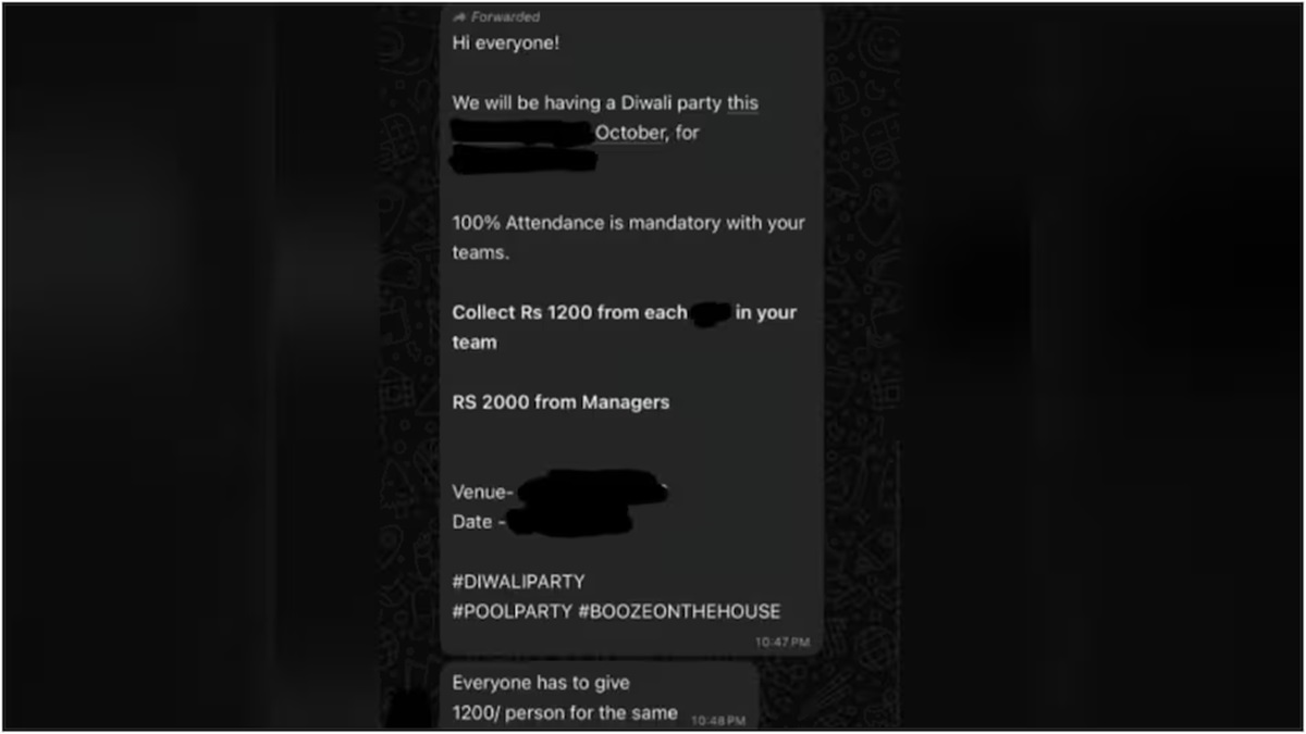 '100% attendance mandatory': Company demands Rs 1,200 from employees for Diwali party, netizens react