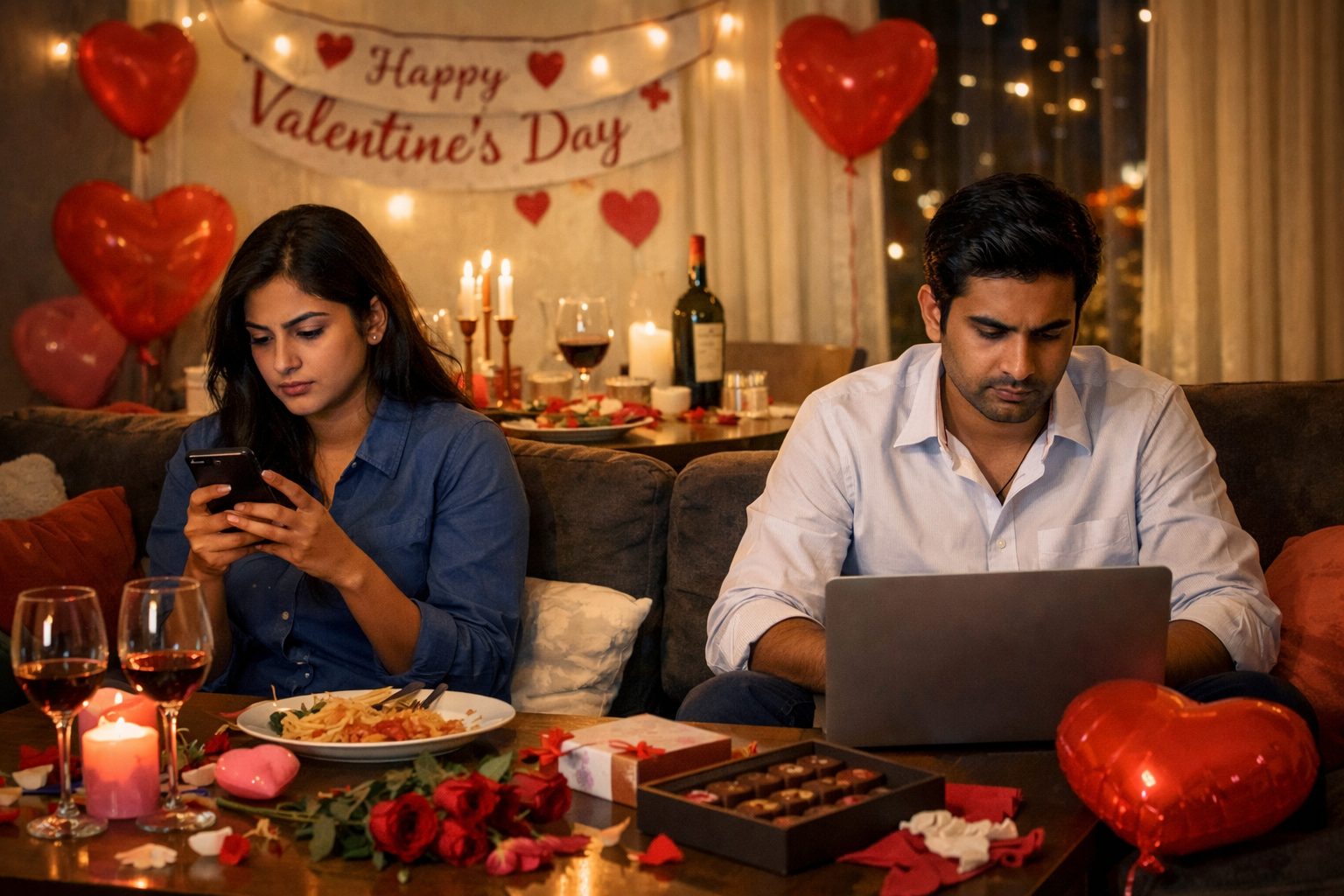 Image of a young Indian couple who are both at work on their laptops or mobile phones o Valentine's Day evening, while the background shows evidence of a planned date that had to be abandoned, made with AI.