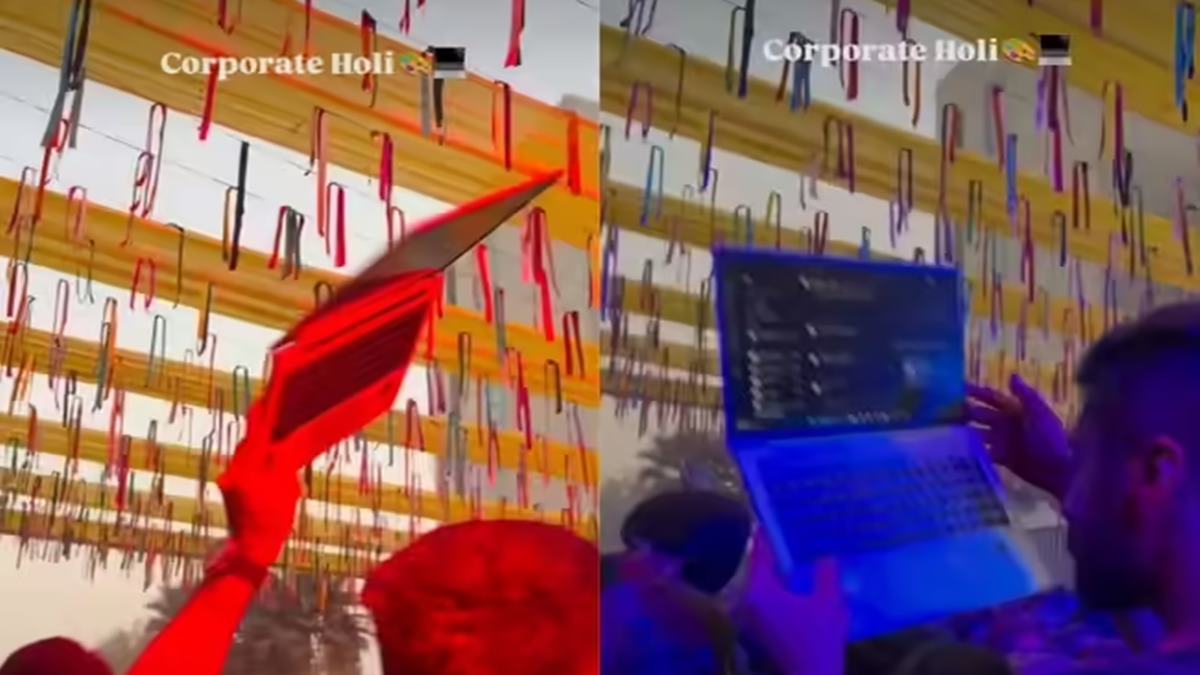 Corporate culture on display during Holi celebration as employee dances with laptop in viral Gurgaon video. Watch