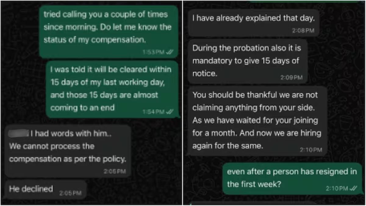 Employee quits in 7 days over 'toxic behaviour,' HR denies salary on WhatsApp